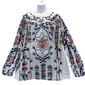 Lane Bryant Women White Floral Peasant Crepe Blouse Round Neck Long Sleeve Sz 18